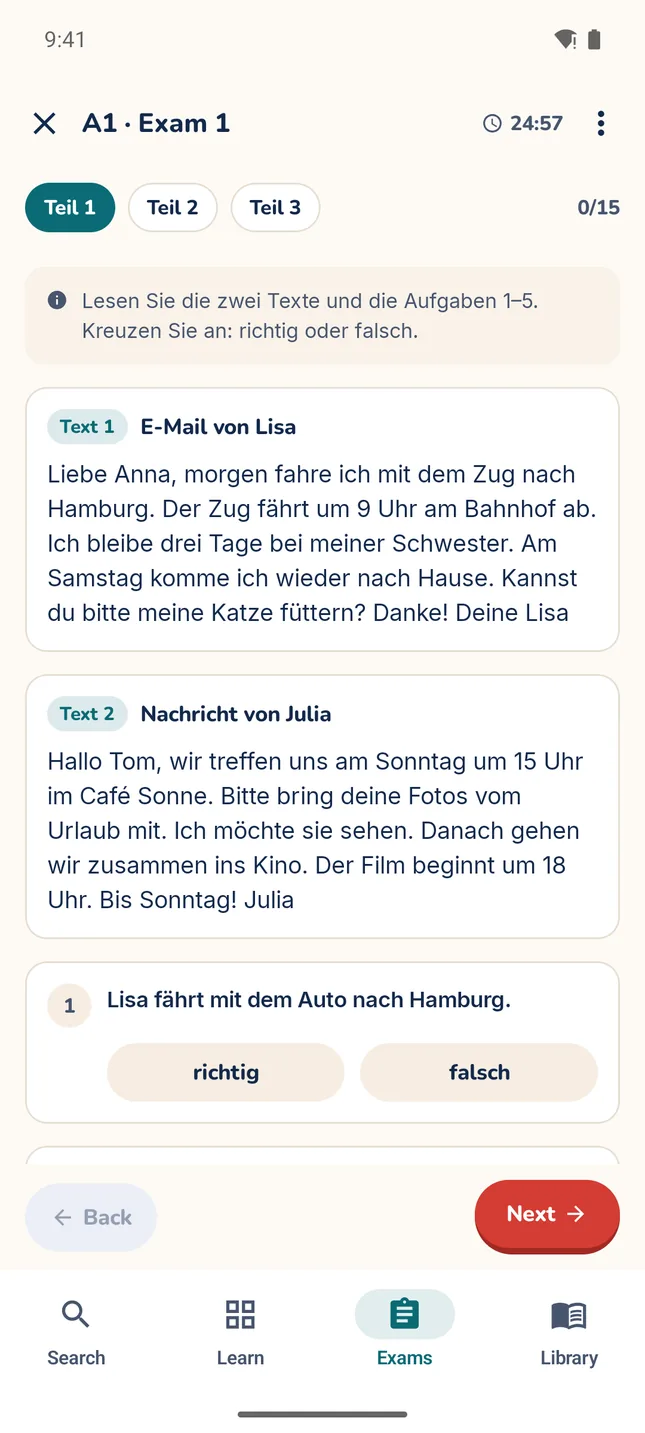 MitLernen A1 reading exam: two short German texts, an email and a message, with true-or-false questions below.