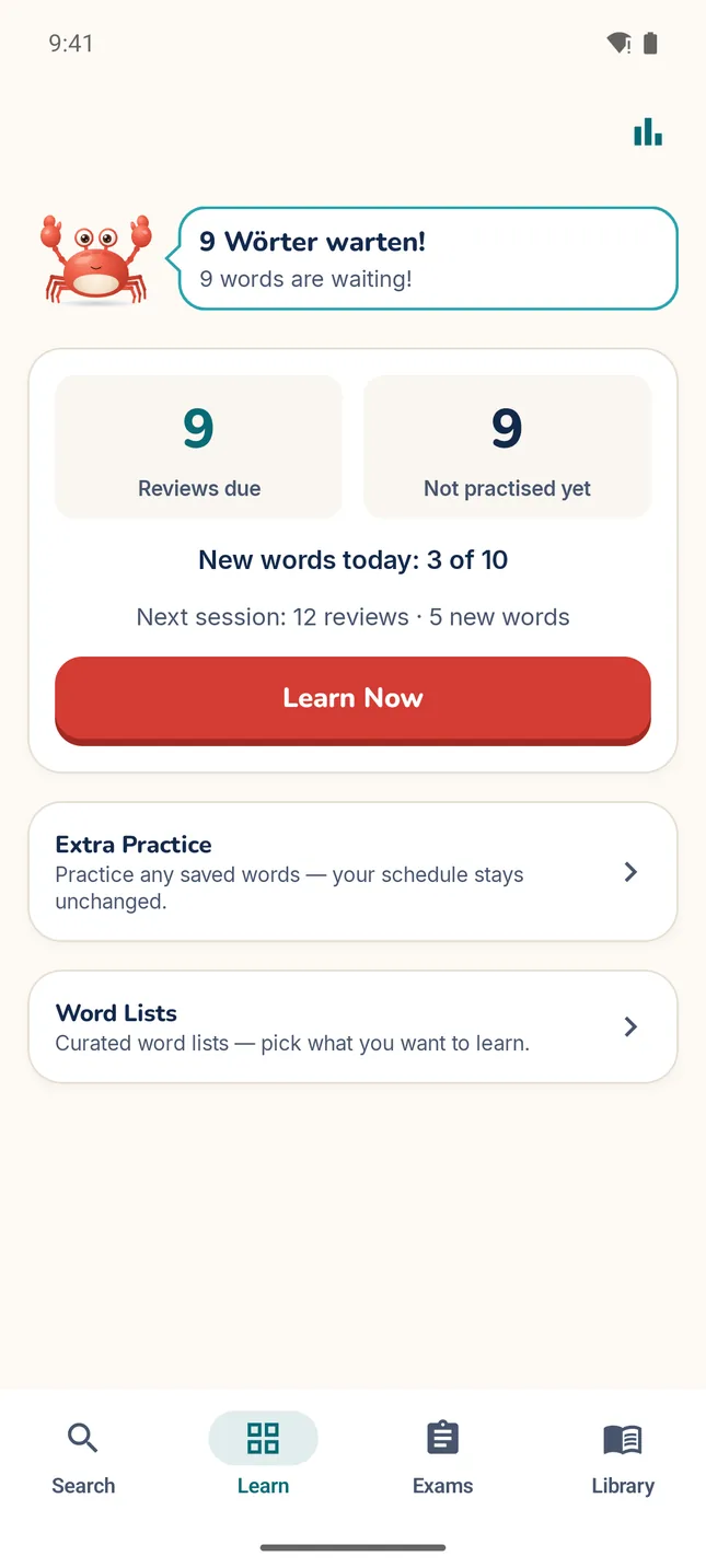 MitLernen Learn tab: the crab mascot saying “9 Wörter warten!”, 9 reviews due, 9 words not practised yet, 3 of 10 new words done today, and a Learn Now button.