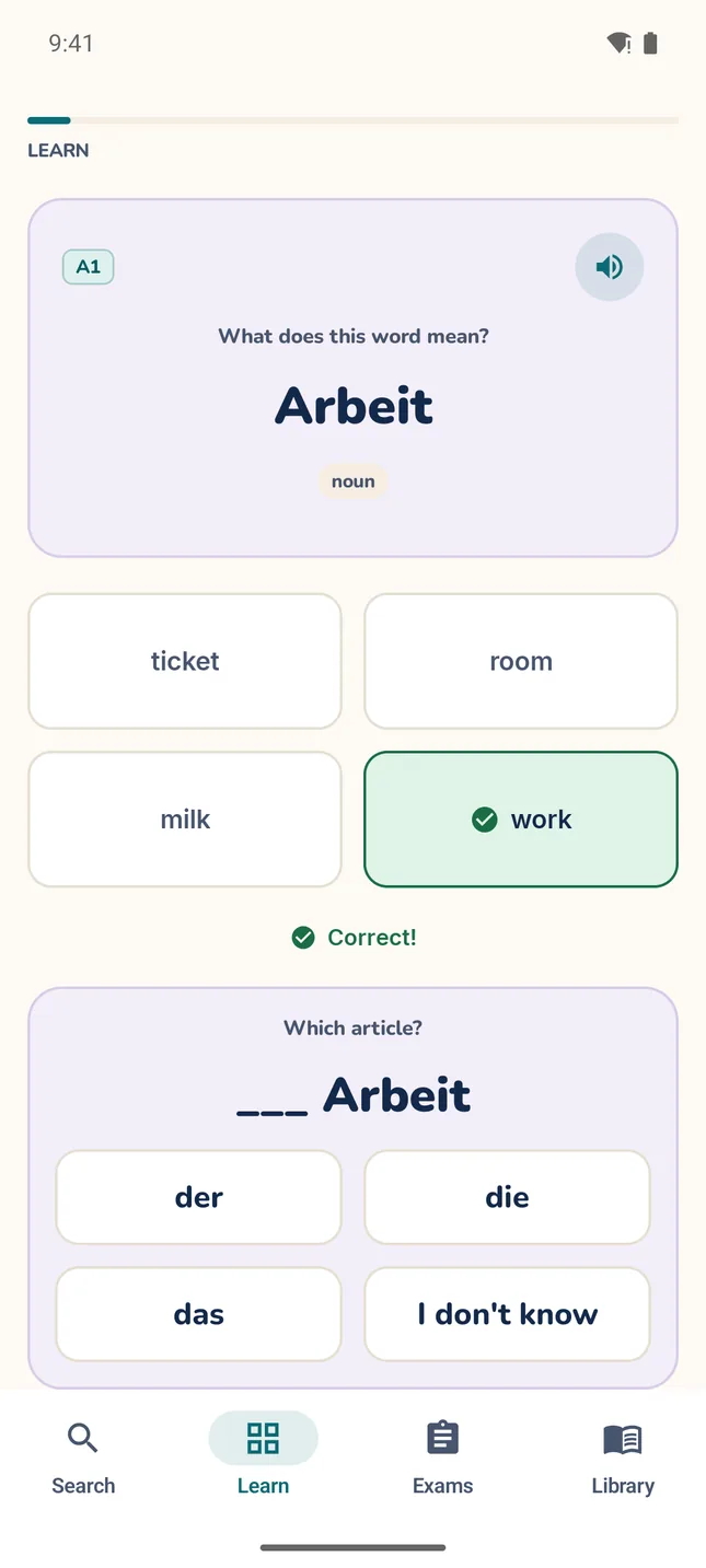 A MitLernen practice question: “What does this word mean? Arbeit”, with “work” marked correct and the article question below.