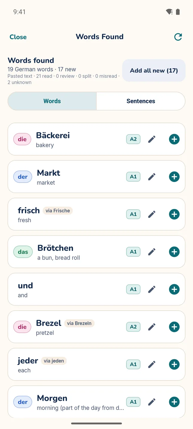 MitLernen Word Scan result for a pasted bakery sign: 19 German words found, each with its article, meaning, level and an add button.