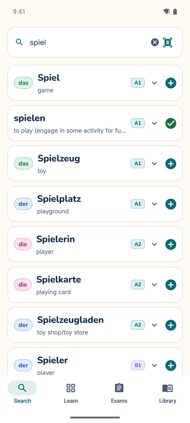 MitLernen search for “spiel”: Spiel, spielen, Spielzeug, Spielplatz, Spielerin, Spielkarte and more, each with its article, meaning and CEFR level badge.