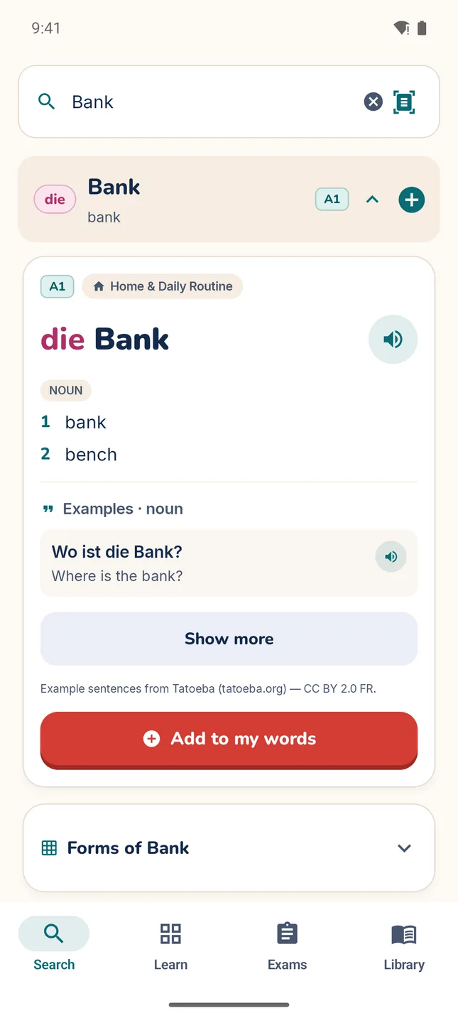 MitLernen word card for die Bank: level A1, topic Home & Daily Routine, a speaker button, the meanings bank and bench, an example sentence with its translation, and an Add to my words button.