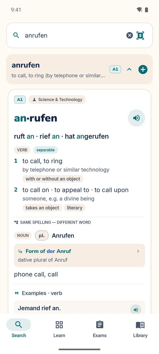 MitLernen word card for the separable verb an·rufen: the key forms ruft an, rief an, hat angerufen, a separable chip, and two numbered meanings.