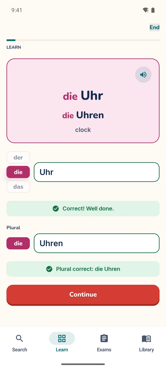 A MitLernen Writing card for die Uhr (clock): Uhr and the plural Uhren typed with the article die, both marked correct.