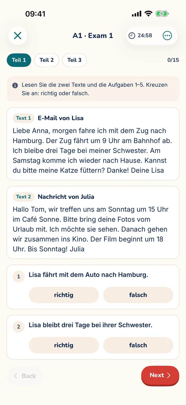 MitLernen A1 reading exam: two short German texts, an email and a message, with true-or-false questions below.
