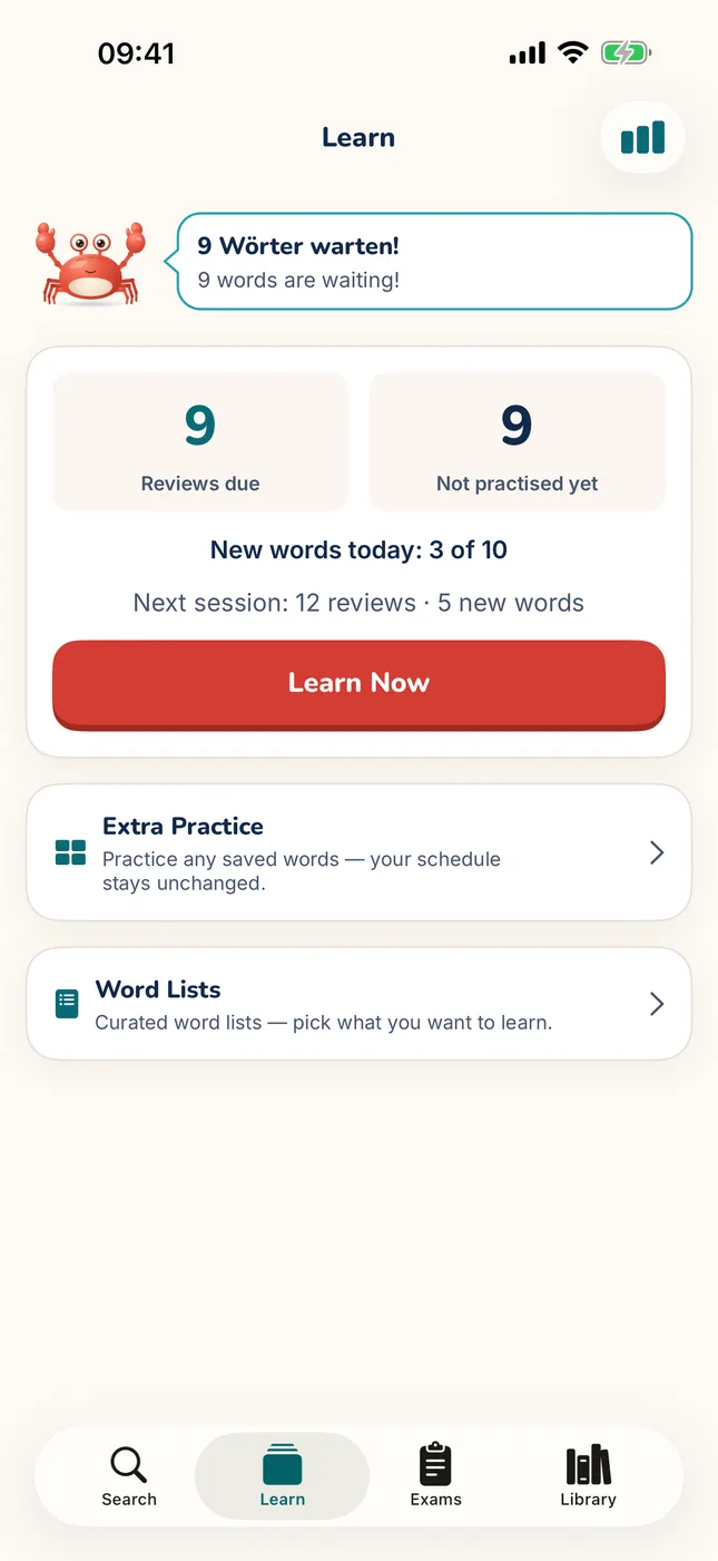 MitLernen Learn tab: the crab mascot saying “9 Wörter warten!”, 9 reviews due, 9 words not practised yet, 3 of 10 new words done today, and a Learn Now button.