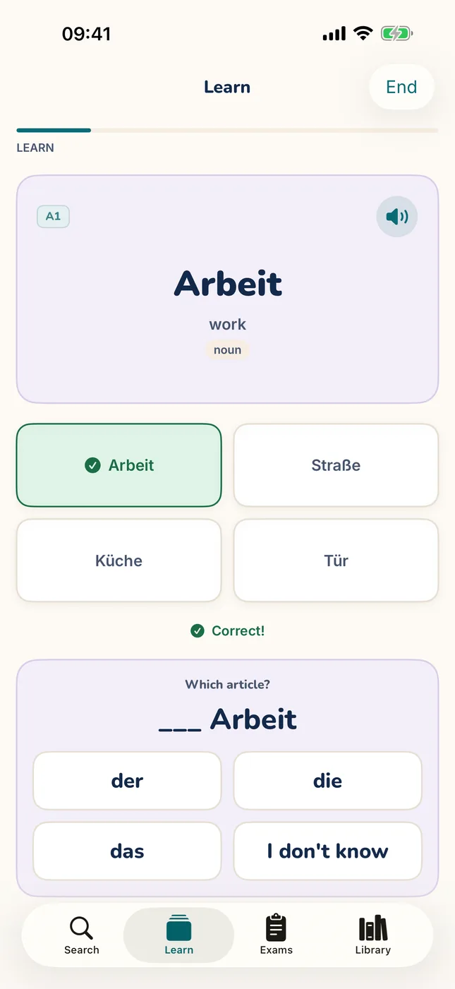 A MitLernen practice question: “Which German word means work?”, with Arbeit marked correct and the article question below.