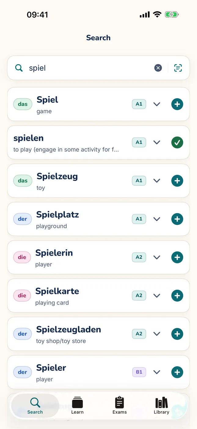 MitLernen search for “spiel”: Spiel, spielen, Spielzeug, Spielplatz, Spielerin, Spielkarte and more, each with its article, meaning and CEFR level badge.