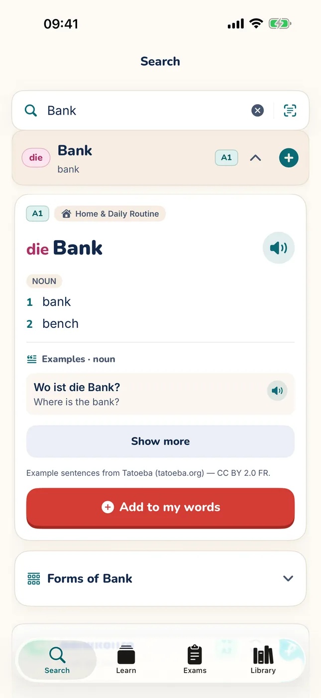 MitLernen on iPhone: the word card for die Bank, level A1, with a speaker button, the meanings bank and bench, an example sentence with its English translation, and an Add to my words button.