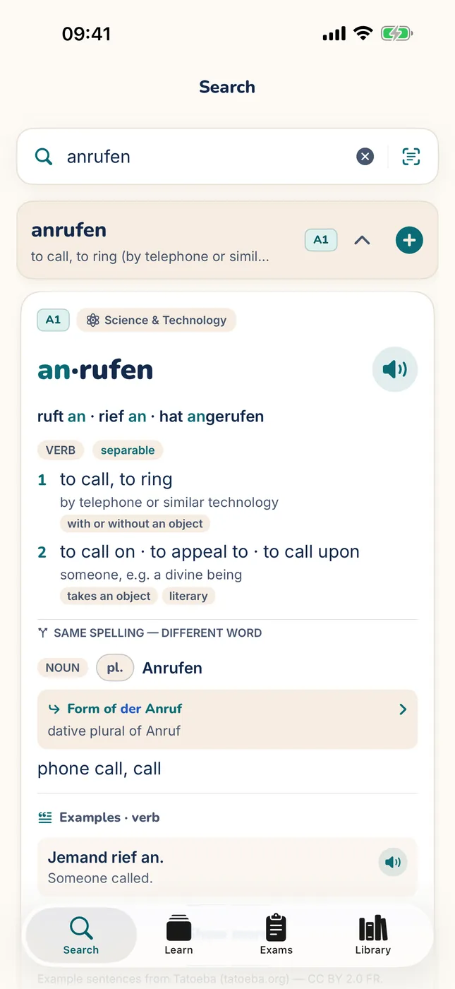 MitLernen word card for the separable verb an·rufen: the key forms ruft an, rief an, hat angerufen, a separable chip, and two numbered meanings.