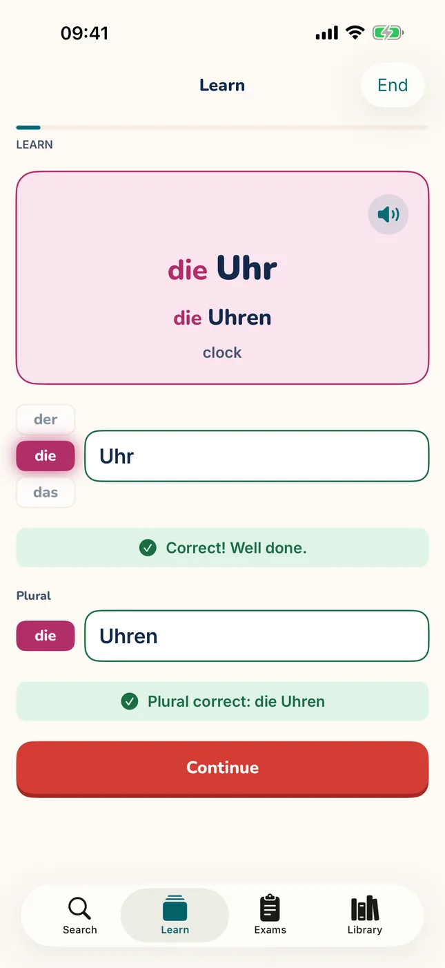 A MitLernen Writing card for die Uhr (clock): Uhr and the plural Uhren typed with the article die, both marked correct.